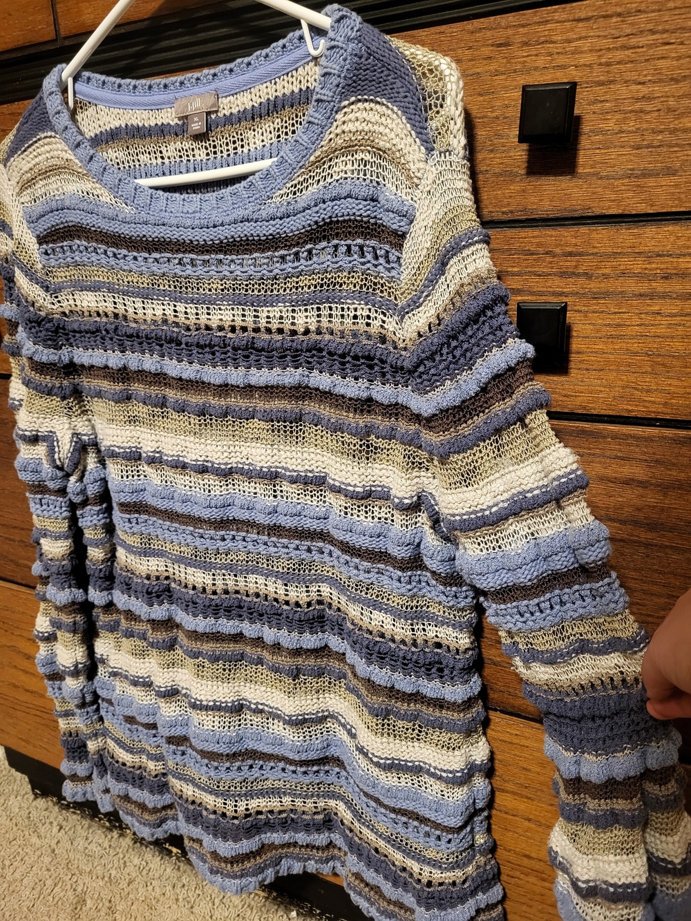 J. Jill Light Blue, Cream & Taupe Striped Open-Knit Sweater